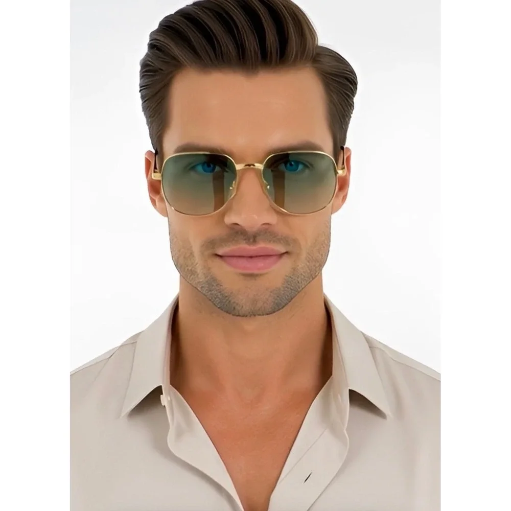 Mens Gold Square Aviator Sunglasses‎ Green Gradient Lens Textured Metal Frames